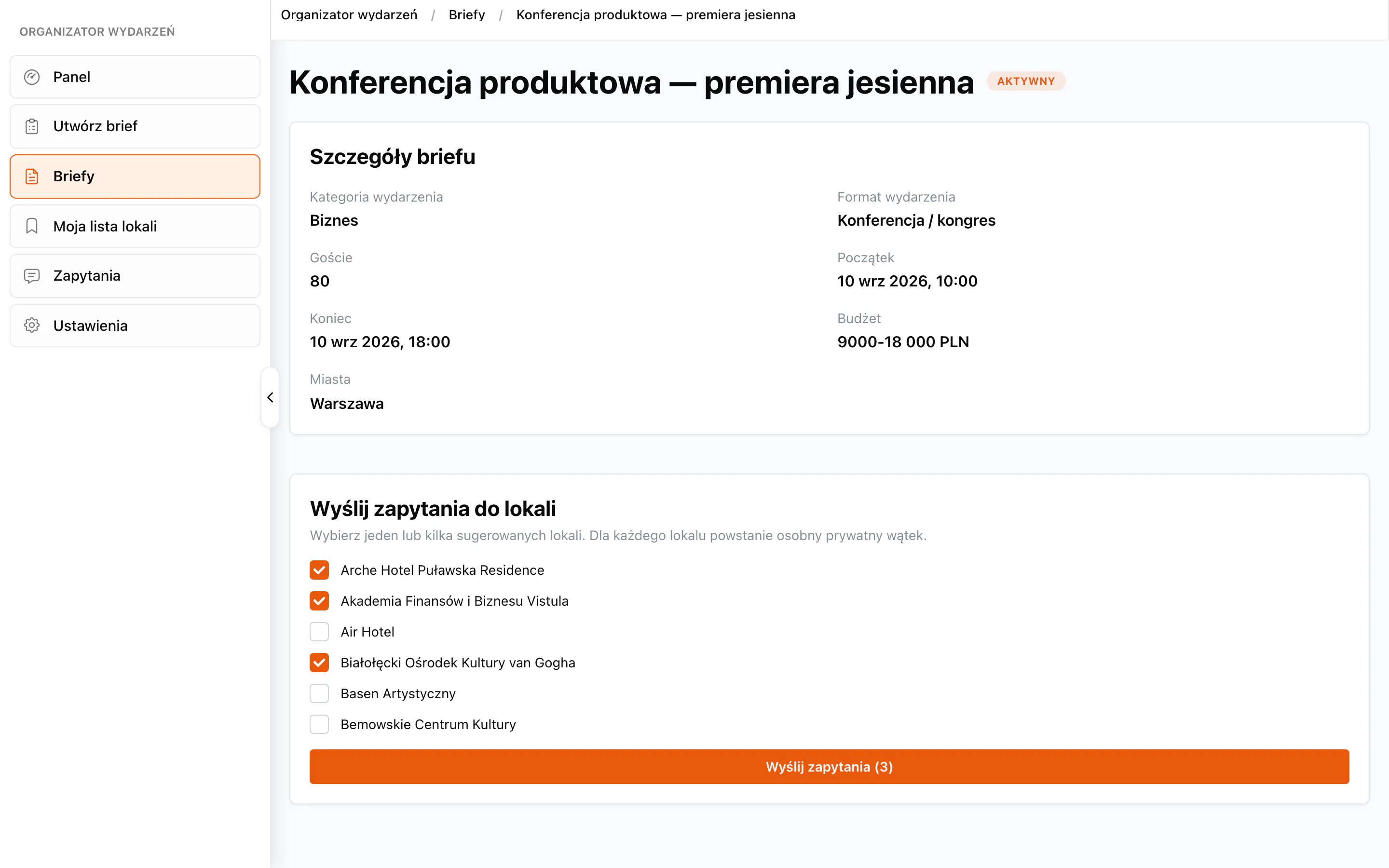 Kryteria briefu i sześć dobranych lokali — trzy zaznaczone, aktywny przycisk „Wyślij zapytania (3)”.
