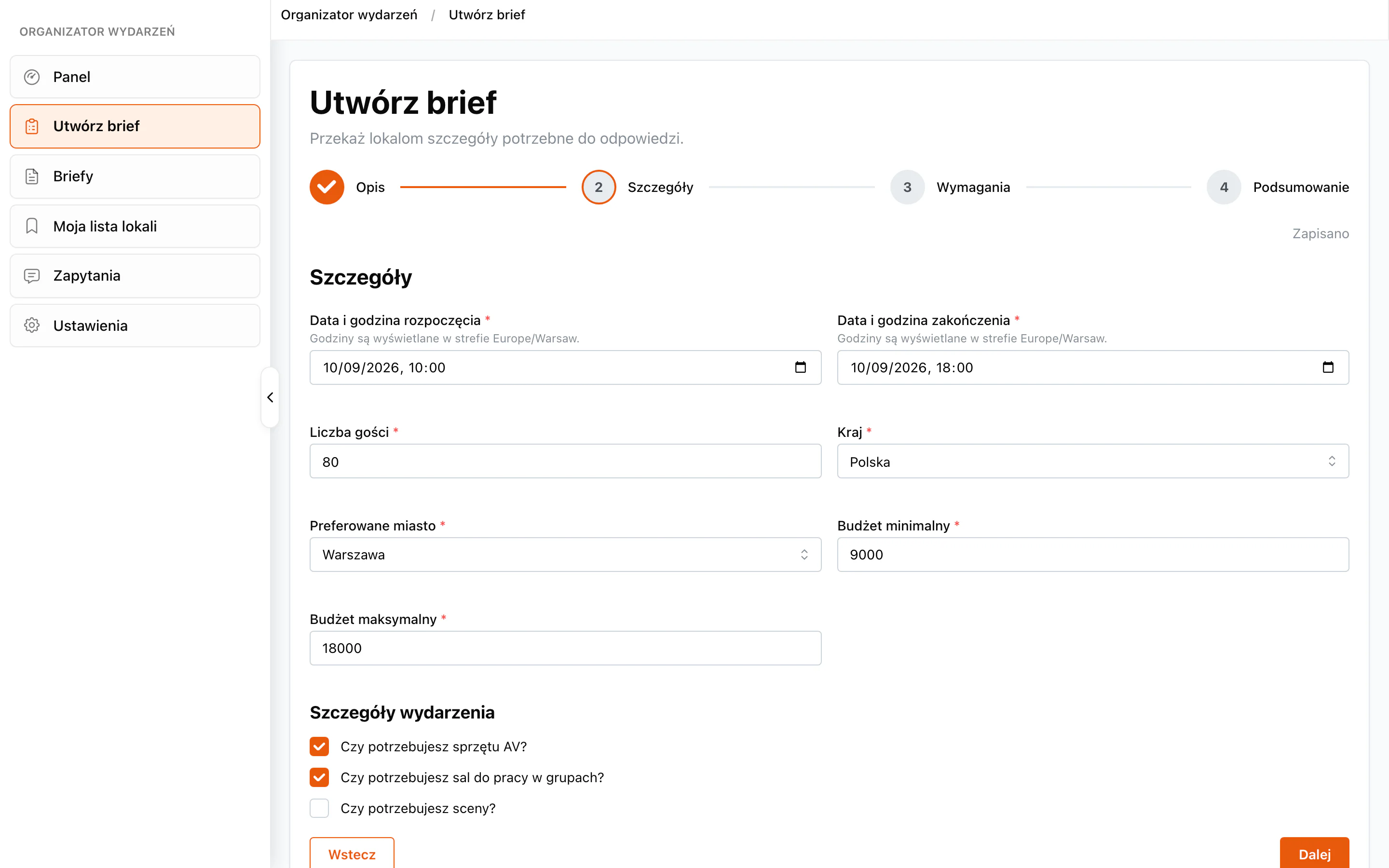 Krok „Szczegóły” w briefie: termin, 80 gości, Warszawa i budżet 9000–18000 PLN.