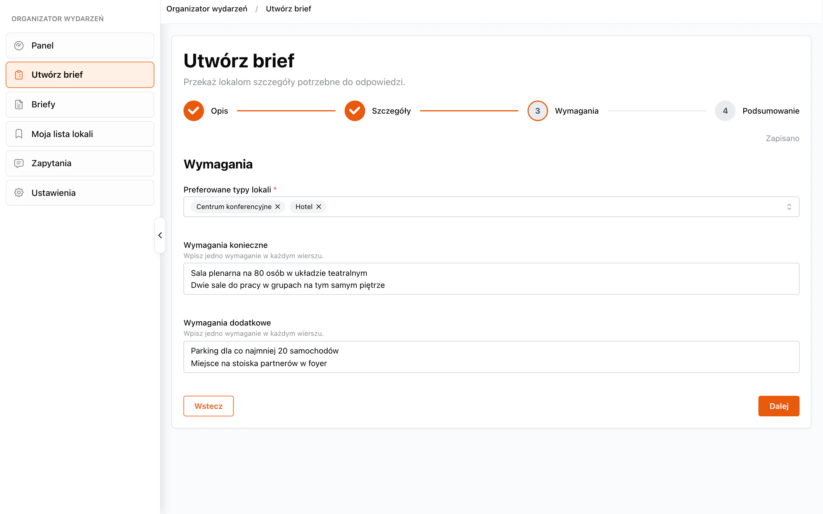 Krok „Wymagania” w briefie: dwa wybrane typy lokali oraz pola na wymagania konieczne i dodatkowe.