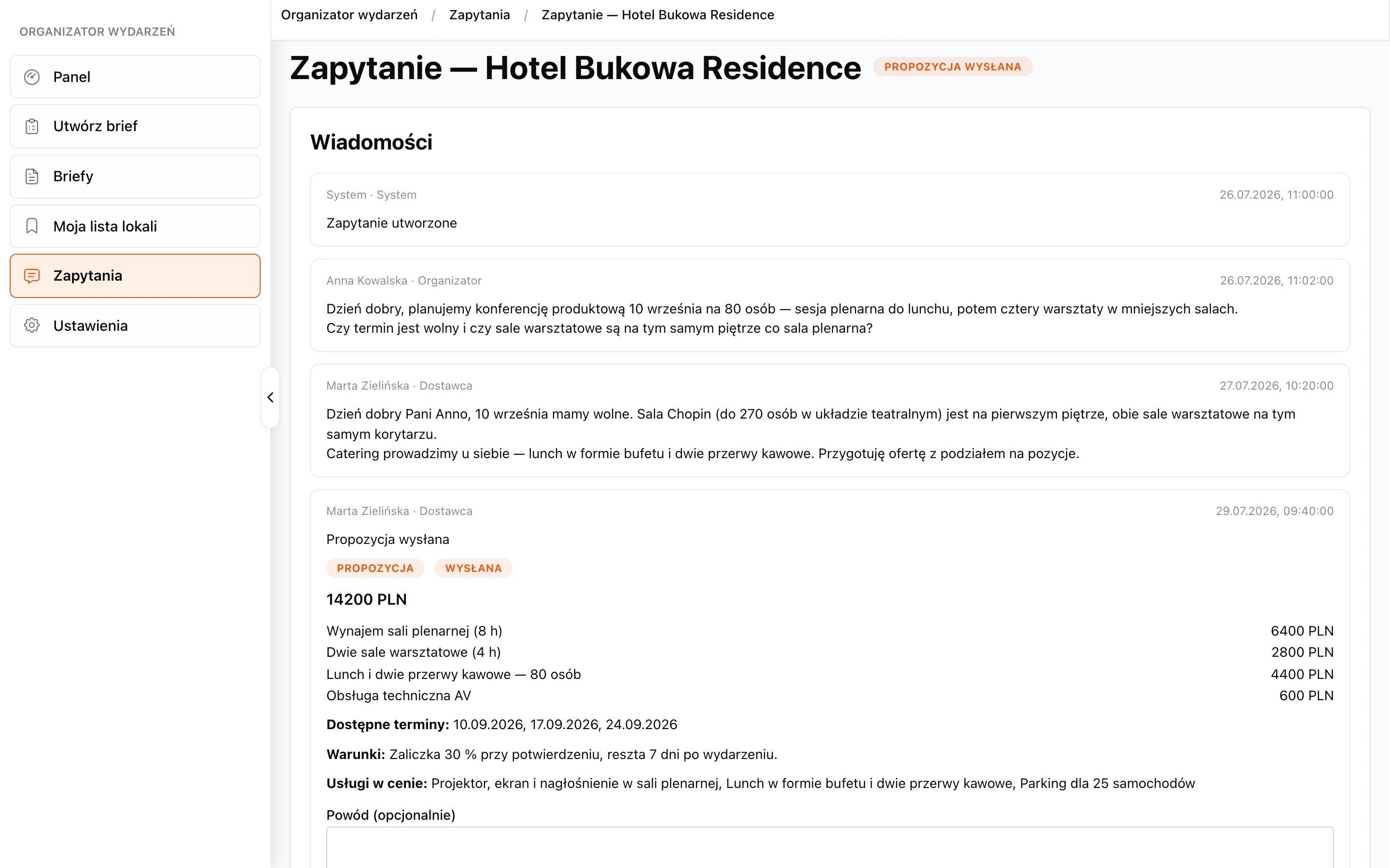 Wątek zapytania: wiadomości organizatora i managera lokalu oraz oferta na 14 200 PLN z rozbiciem ceny i dostępnymi terminami.