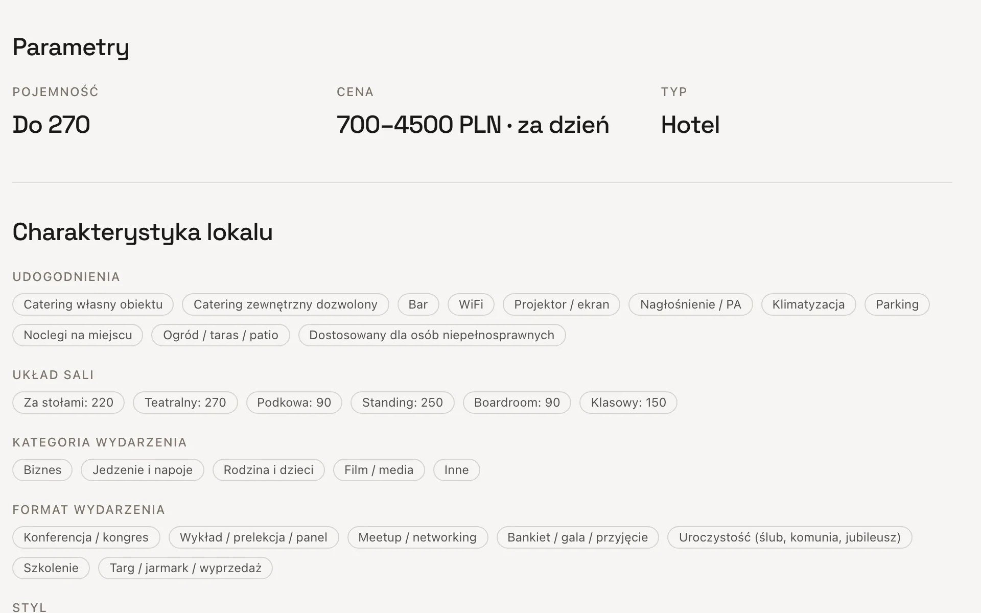 Parametry i charakterystyka lokalu: udogodnienia oraz pojemności sal w sześciu układach, od 90 do 270 osób.